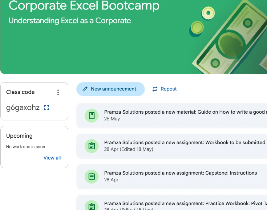 Learning with G Corporate Excel Bootcamp on Google Classroom