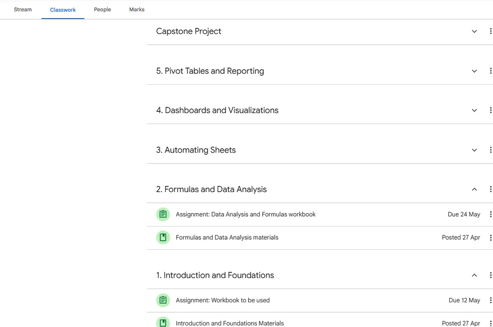 Learning with G course outline on Google Classroom